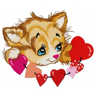Little kitten with garland of hearts embroidery design - Embroidery Design