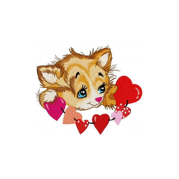 Little kitten with garland of hearts embroidery design - Embroidery Design