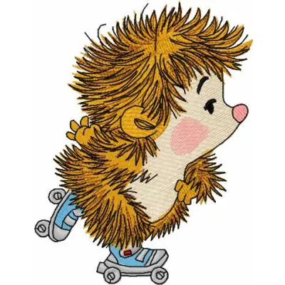 Hedgehog roller skating embroidery design showcasing a cute hedgehog on skates, ideal for various stitching projects.