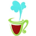 Hot coffee mug embroidery design featuring a cozy kitchen theme, perfect for stitching on towels and aprons.