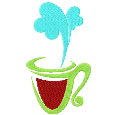 Hot coffee mug embroidery design featuring a cozy kitchen theme, perfect for stitching on towels and aprons.