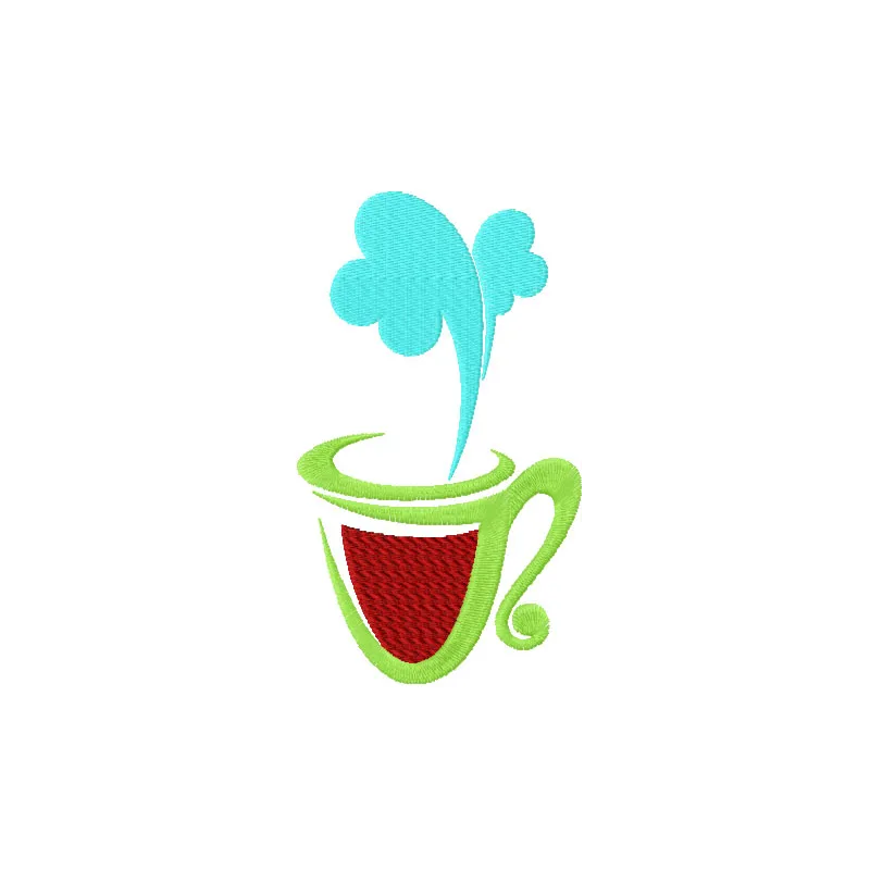 Hot coffee mug embroidery design featuring a cozy kitchen theme, perfect for stitching on towels and aprons.