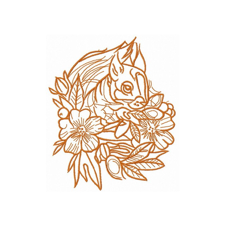 Squirrel and flowers one color embroidery design - Embroidery Design