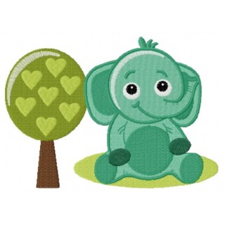 Cute elephant near tree embroidery design - Embroidery Design