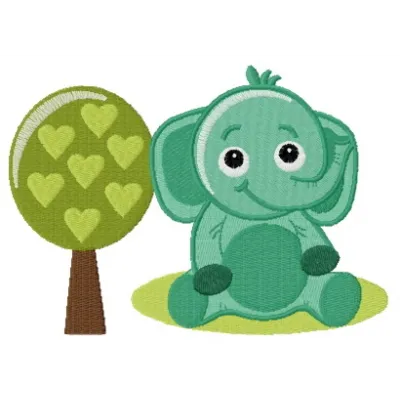 Cute elephant near a tree embroidery design showcasing a charming animal motif for creative projects.