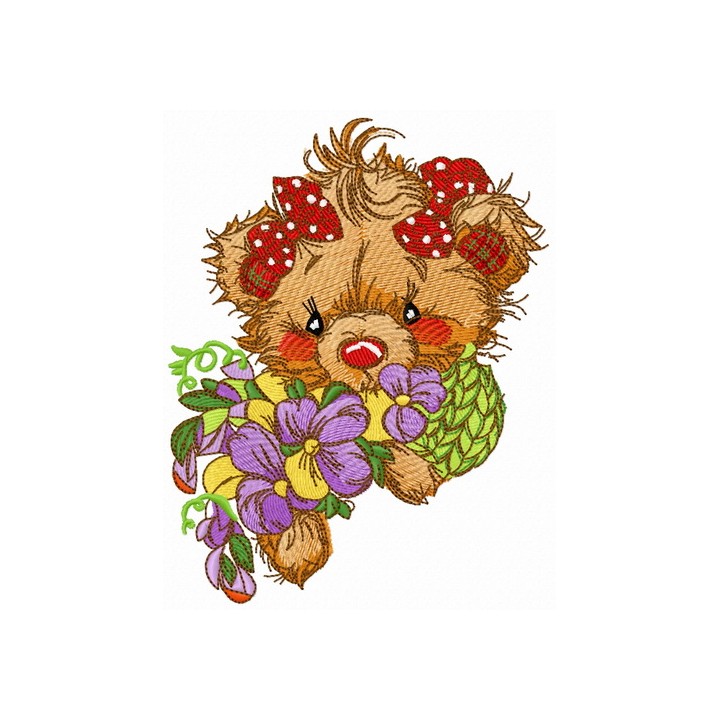 Teddy bear with pansies embroidery design - Embroidery Design
