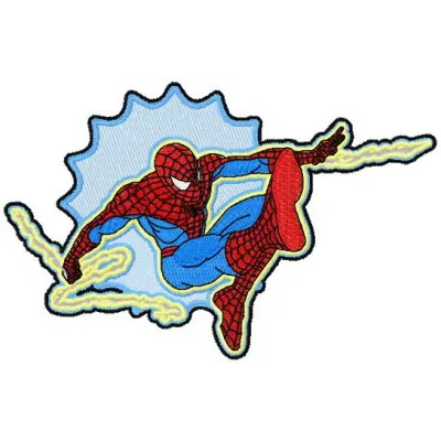 Spiderman badge embroidery design showcasing a vibrant spider motif for creative stitching projects.