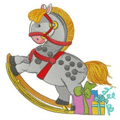 Preview of the ideal rocking horse embroidery design, showcasing a charming stitched motif for nostalgic projects.