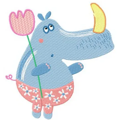Tiny rhino embroidery design showcasing an adorable stitched motif of an African animal, perfect for various fabric projects.