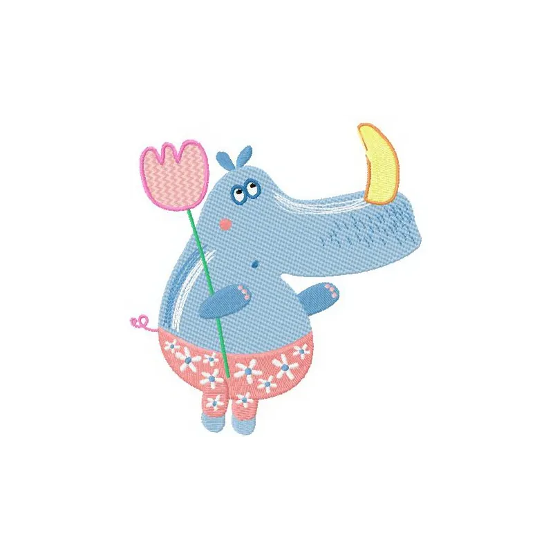 Tiny rhino embroidery design showcasing an adorable stitched motif of an African animal, perfect for various fabric projects.