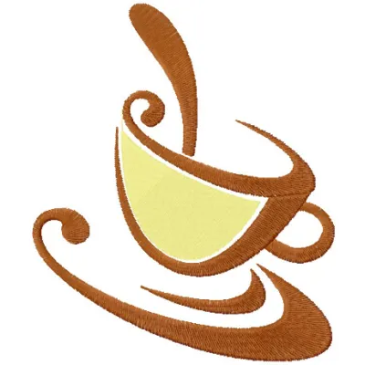 Coffee cup embroidery design showcasing a cozy kitchen theme, perfect for stitching on towels or aprons.