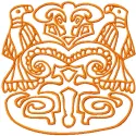 Embroidery design featuring two mystic birds inspired by Ancient Maya art, showcasing intricate stitching patterns.