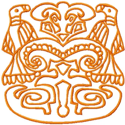 Embroidery design featuring two mystic birds inspired by Ancient Maya art, showcasing intricate stitching patterns.