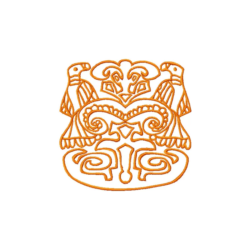 Embroidery design featuring two mystic birds inspired by Ancient Maya art, showcasing intricate stitching patterns.