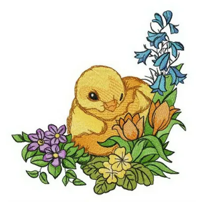 Preview of a cheerful yellow chick embroidery design from the Farm Animals collection, ideal for various projects.