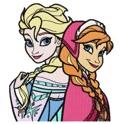 Preview of the Frozen sisters 2 embroidery design featuring Anna and Elsa, ideal for stitching on t-shirts or hoodies.