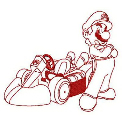 Mario Racer embroidery design featuring the iconic character in a dynamic racing pose, perfect for vibrant stitching project…