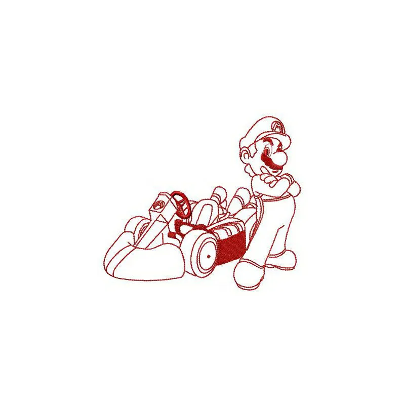Mario Racer embroidery design featuring the iconic character in a dynamic racing pose, perfect for vibrant stitching project…