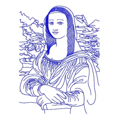Mona Lisa embroidery design showcasing intricate details of the famous painting, ideal for various fabric projects.