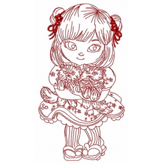 Japanese girl with cats 2 embroidery design - Embroidery Design