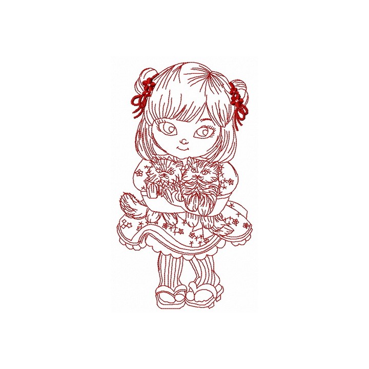Japanese girl with cats 2 embroidery design - Embroidery Design