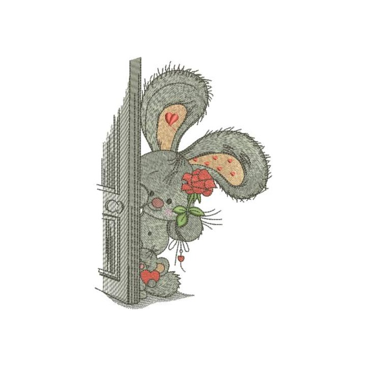 Bunny with flowers in open door embroidery design - Embroidery Design
