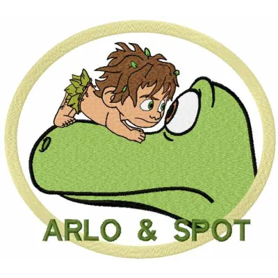 Arlo and Spot 3 embroidery design featuring characters from The Good Dinosaur, ideal for creative stitching projects.