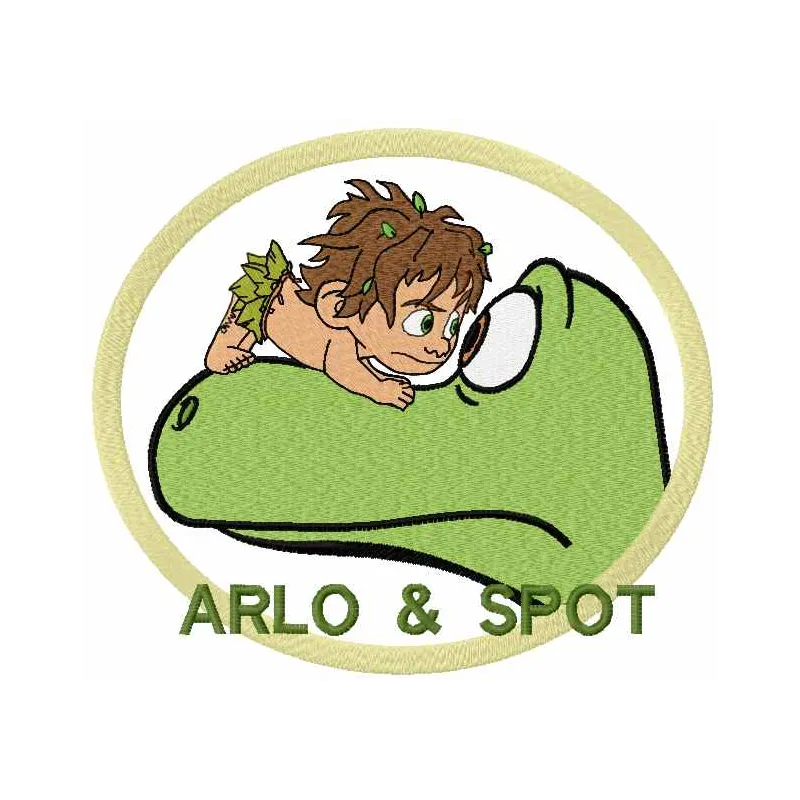 Arlo and Spot 3 embroidery design featuring characters from The Good Dinosaur, ideal for creative stitching projects.