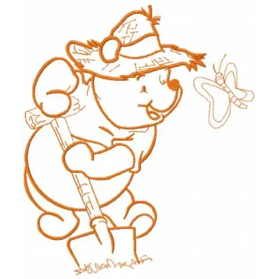 Winnie Pooh gardener 3 embroidery design featuring Pooh and friends, ideal for stitching on baby onesies or pillows.