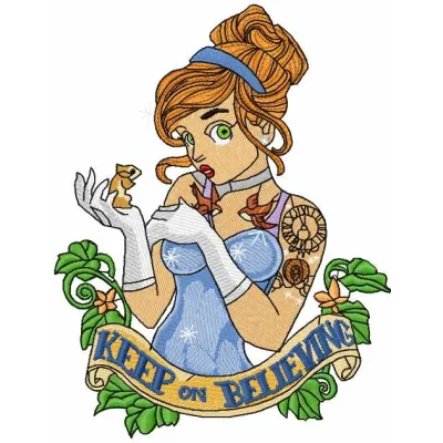 Preview of the 'Keep on Believing 2' embroidery design inspired by Beauty and the Beast, showcasing intricate stitching patt…