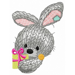 Knitted rabbit with present embroidery design - Embroidery Design