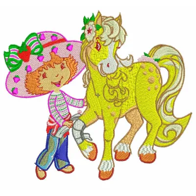 Strawberry Shortcake with Honey Pie Pony embroidery design showcasing vibrant details and playful characters.