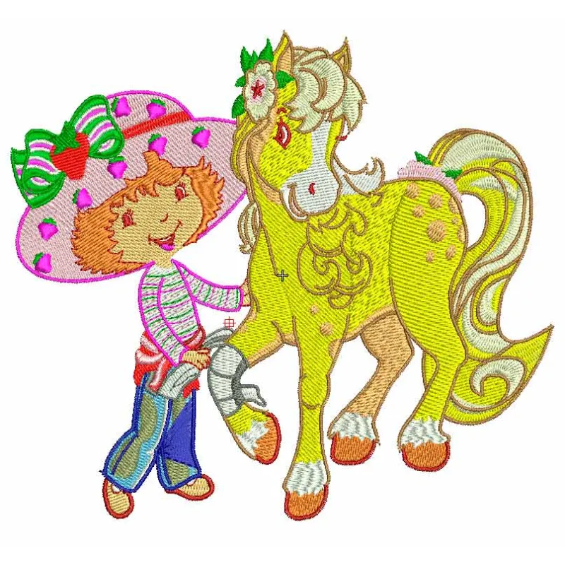 Strawberry Shortcake with Honey Pie Pony embroidery design showcasing vibrant details and playful characters.