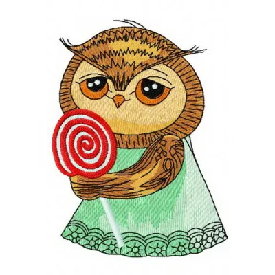 Embroidery design preview of an adorable owl holding a lollipop, perfect for kids' apparel and accessories.