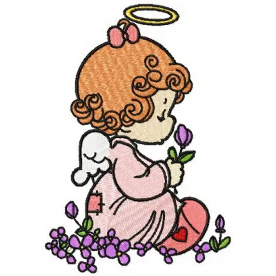Angel surrounded by delicate flowers embroidery design, ideal for adding charm to various stitched projects.