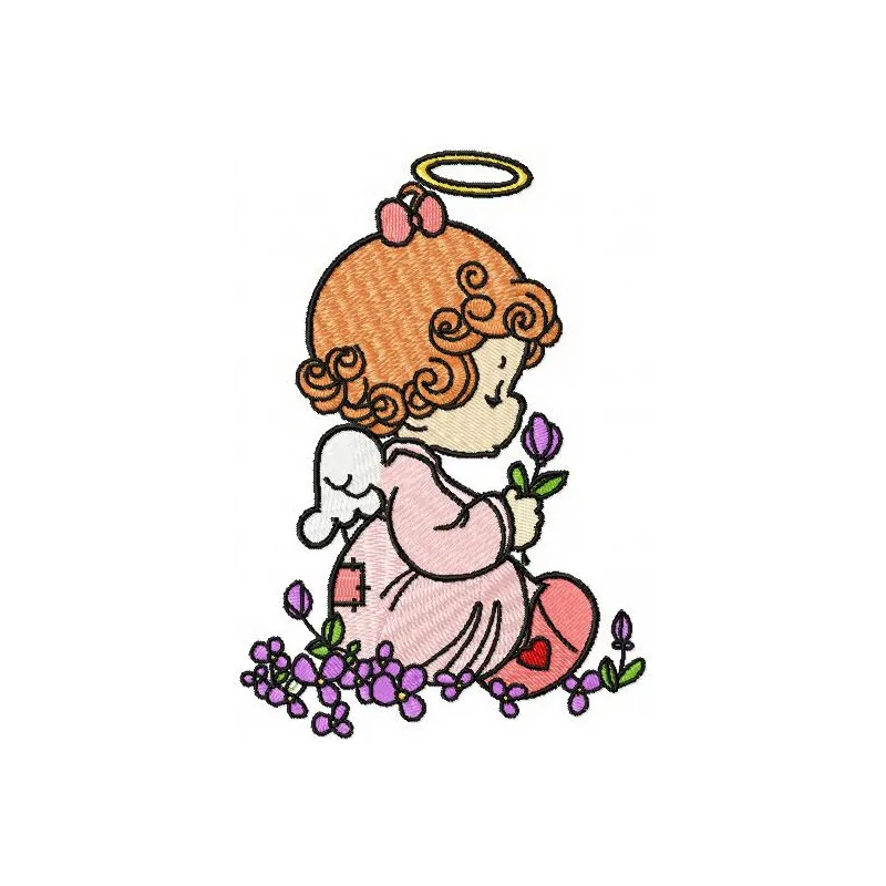 Angel surrounded by delicate flowers embroidery design, ideal for adding charm to various stitched projects.