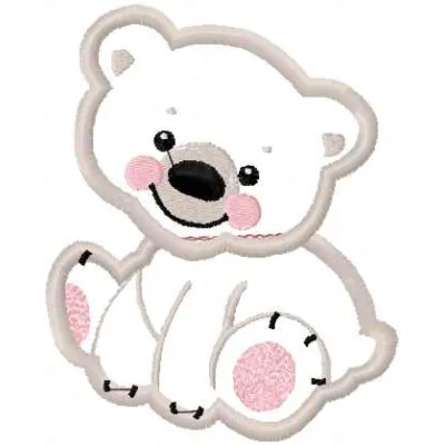 Preview of a white bear applique embroidery design, showcasing intricate stitching details for creative projects.
