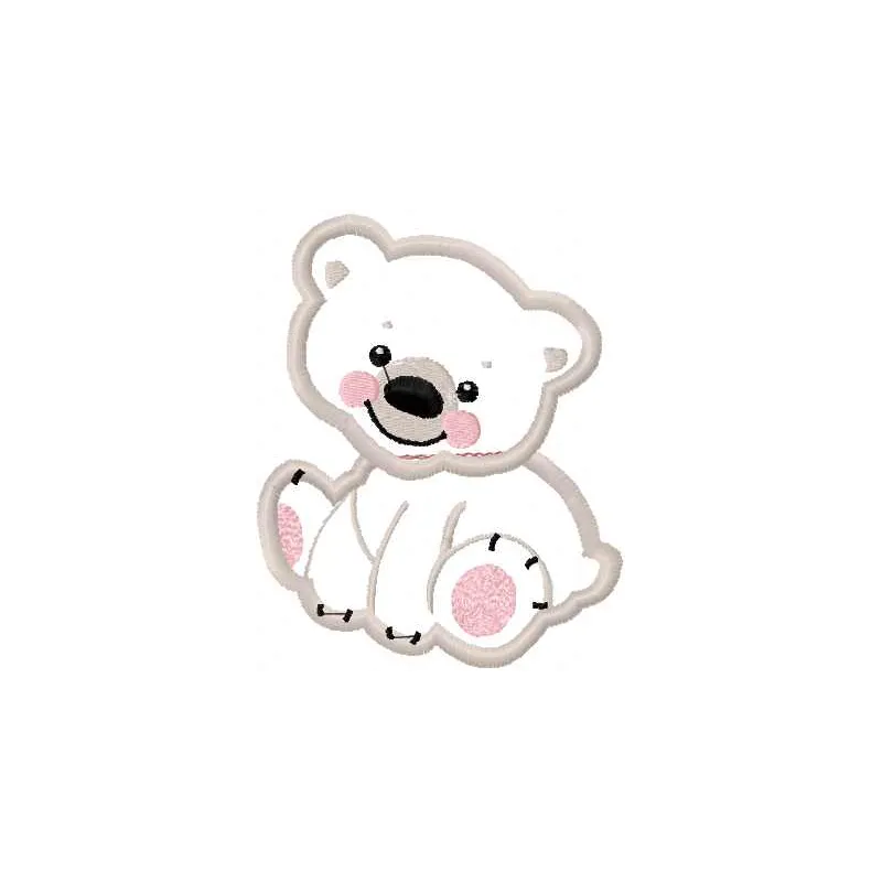 Preview of a white bear applique embroidery design, showcasing intricate stitching details for creative projects.