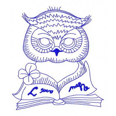 Clever owl reading a book embroidery design, perfect for embellishing t-shirts and tote bags.
