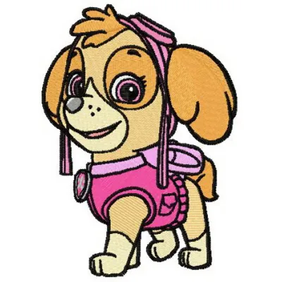 Skye embroidery design featuring the beloved Paw Patrol character, ideal for stitching on t-shirts and bags.