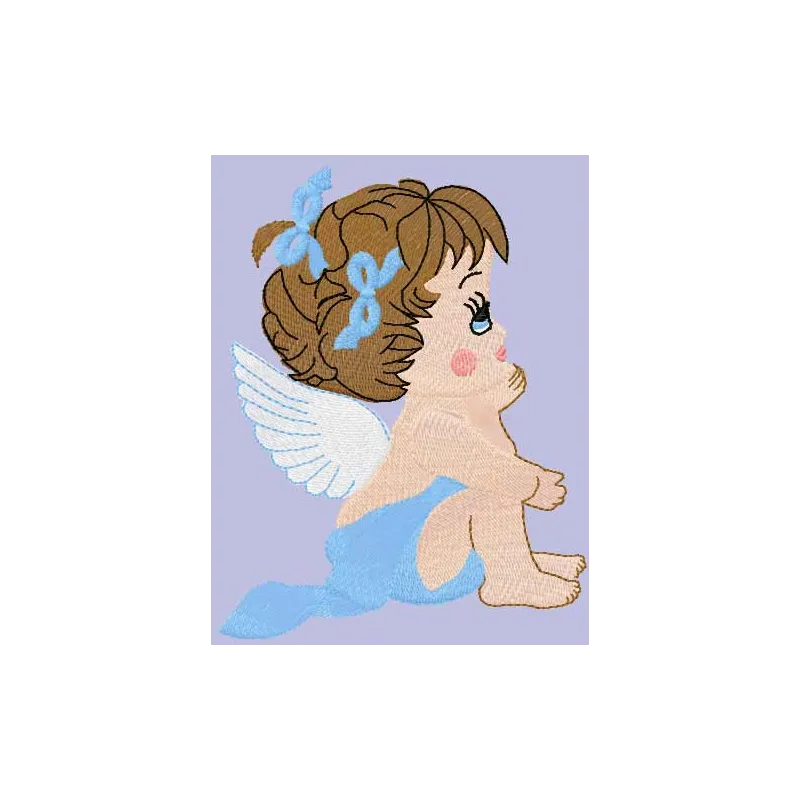 Dreaming baby angel embroidery design showcased on a soft fabric, perfect for creating whimsical projects.
