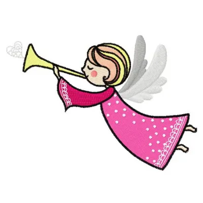 Angel with trumpet embroidery design showcasing intricate details and graceful lines for your creative projects.