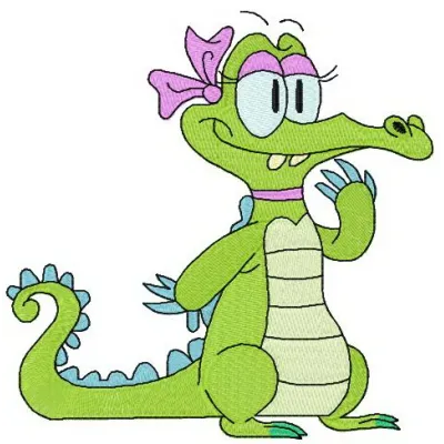 Lady crocodile embroidery design showcasing a playful reptile motif, perfect for embellishing various fabric items.