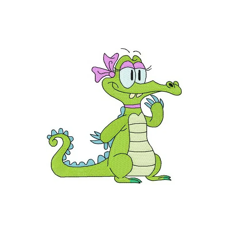 Lady crocodile embroidery design showcasing a playful reptile motif, perfect for embellishing various fabric items.