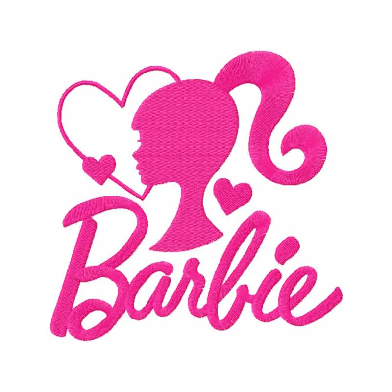Barbie heart embroidery design preview showcasing a vibrant and playful stitched motif for various fabrics.