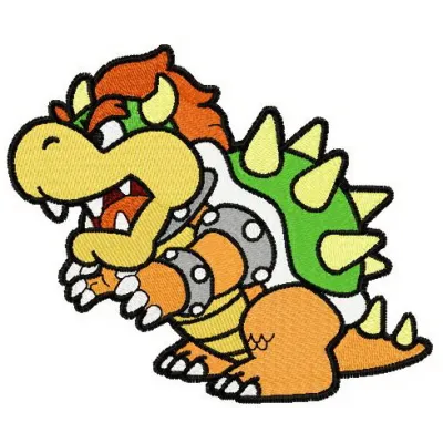 Colorful Bowser embroidery design featuring the iconic character from Super Mario, perfect for adding flair to apparel or ac…
