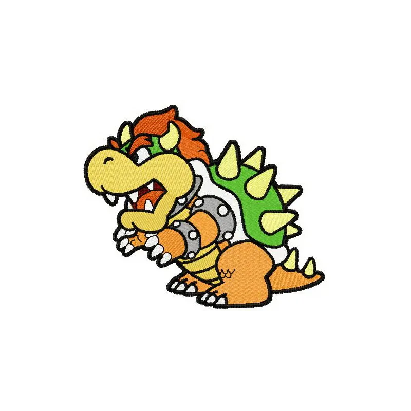 Colorful Bowser embroidery design featuring the iconic character from Super Mario, perfect for adding flair to apparel or ac…