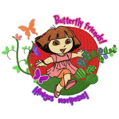 Dora butterfly friends embroidery design showcasing colorful butterflies and Dora character, ideal for children's projects.