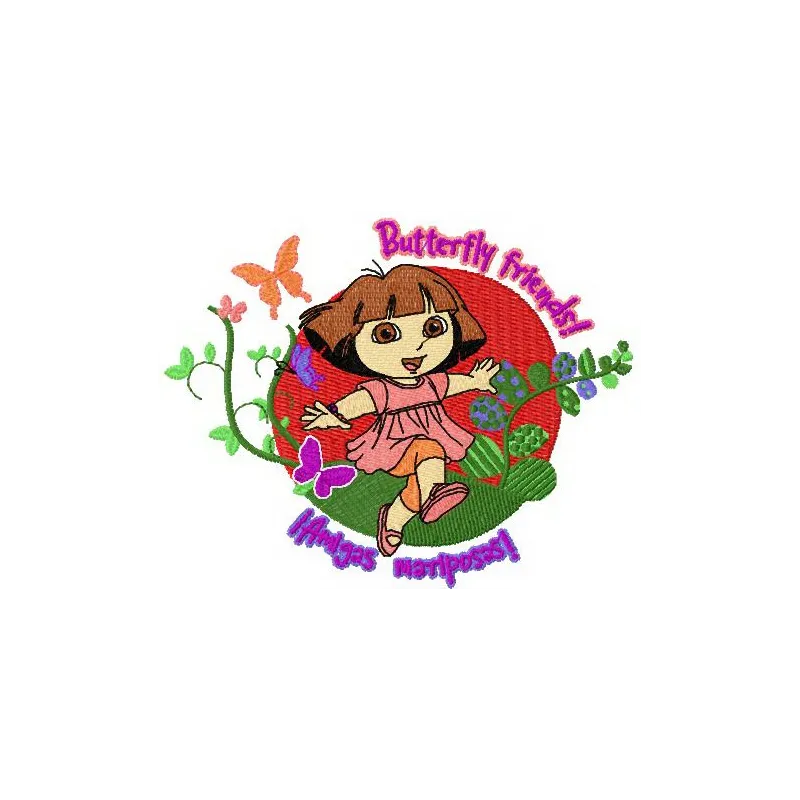 Dora butterfly friends embroidery design showcasing colorful butterflies and Dora character, ideal for children's projects.