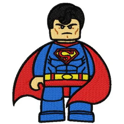 Lego Superman embroidery design showcasing a playful stitched motif for creative projects like t-shirts or tote bags.